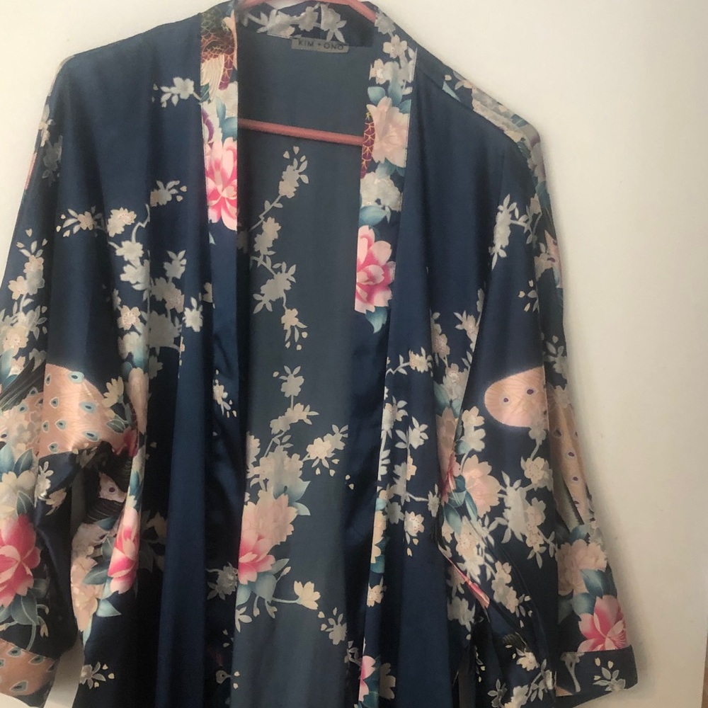 Navy Floral Satin Kimono Robe - Picture 2 of 5